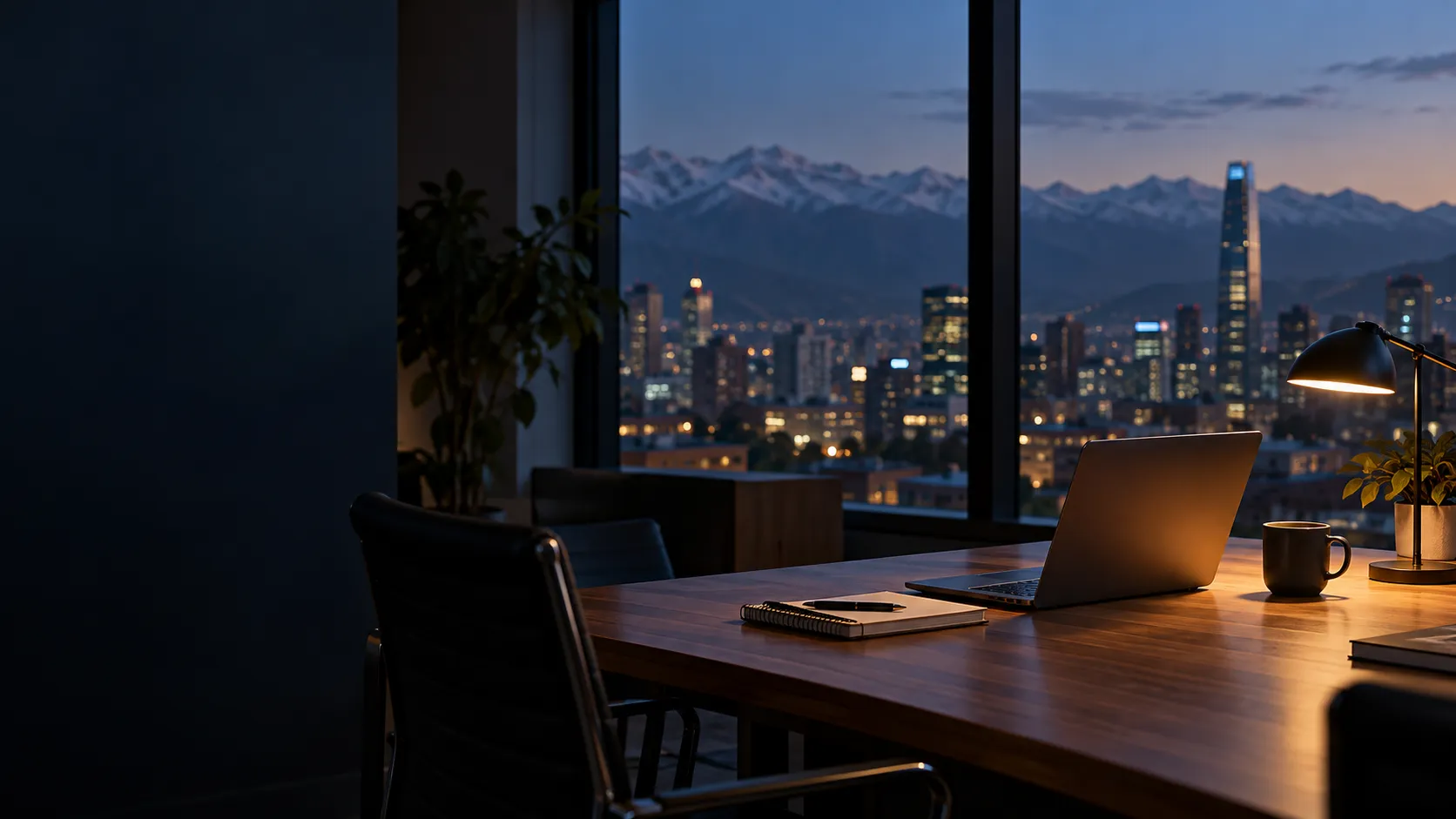 Oficina en Santiago al anochecer, con un notebook abierto sobre una mesa de madera y la cordillera de los Andes al fondo